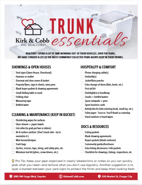 list of items REALTORS keep in their trunks